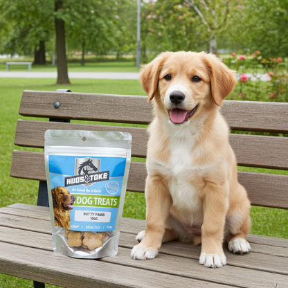 Dog sitting on a bench with a package of Huds & Toke dog treats in the foreground.