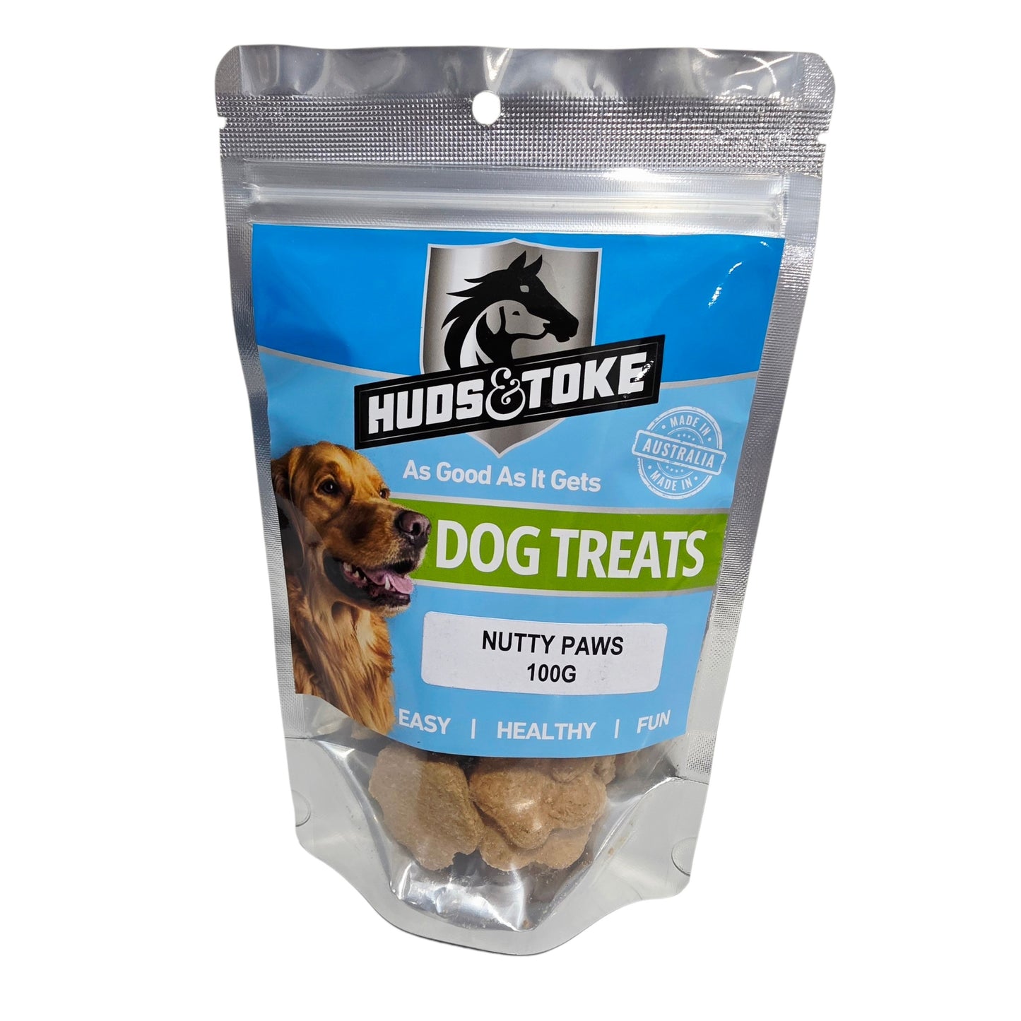 Huds & Toke Nutty Paws dog treats packaging with a blue label and visible treats inside.