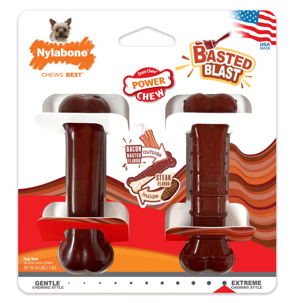A dual flavoured nylabone dog chew toy with bacon and steak flavors, designed for power chewers.