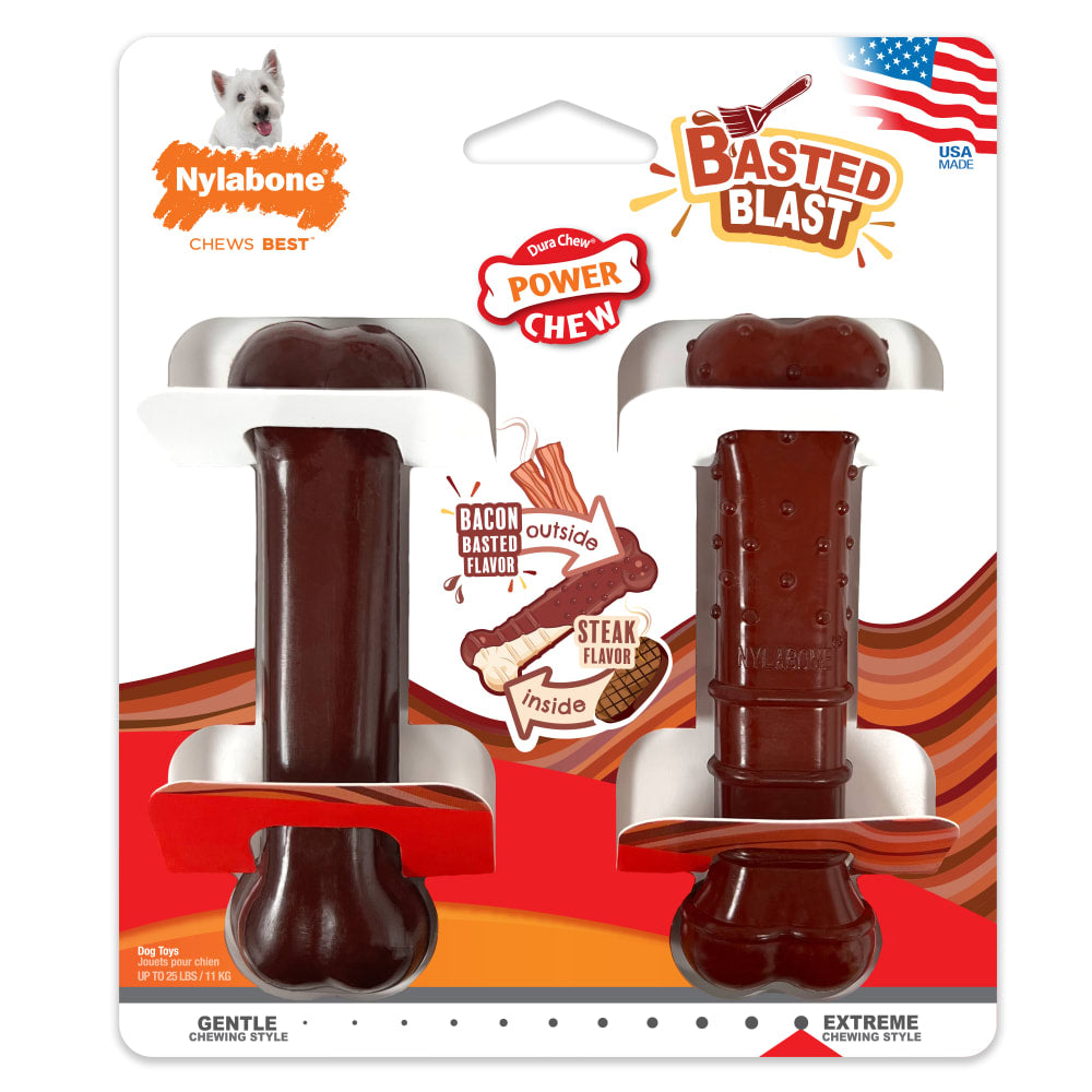 Nylabone Basted Blast Steak and Bacon dual flavoured nylon dog chew toy with bacon and steak flavors, designed for power chewers.
