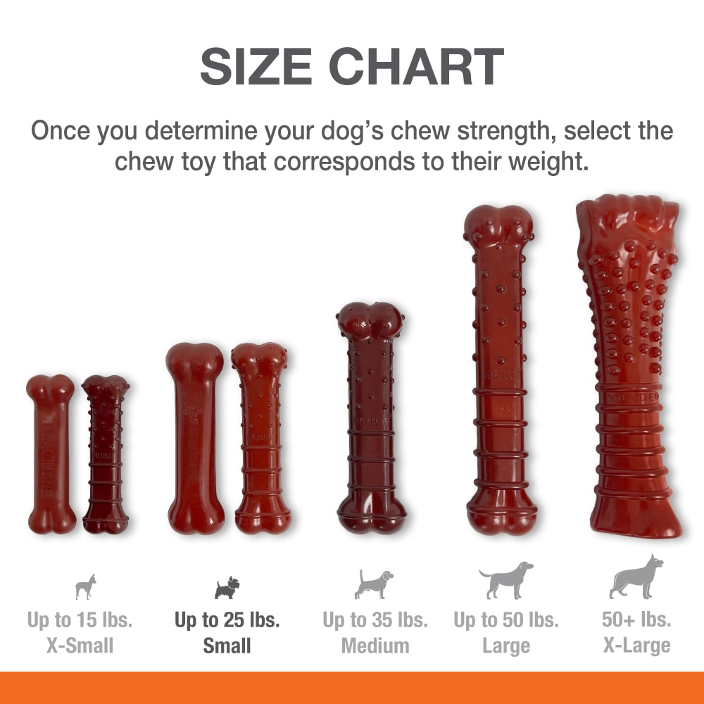 Nylabone Basted Blast Steak and Bacon size chart on a white background