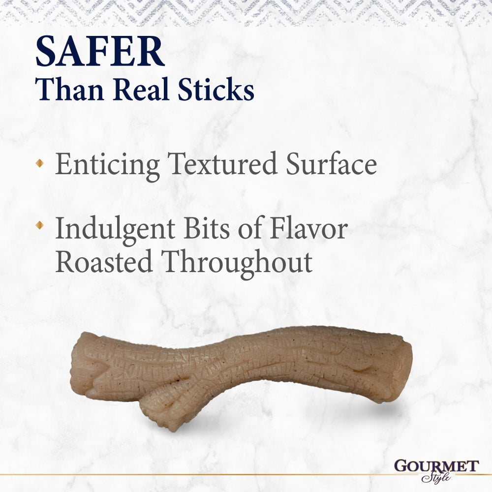 Nylabone Gourmet Peanut Butter Safer than Sticks on a marble background