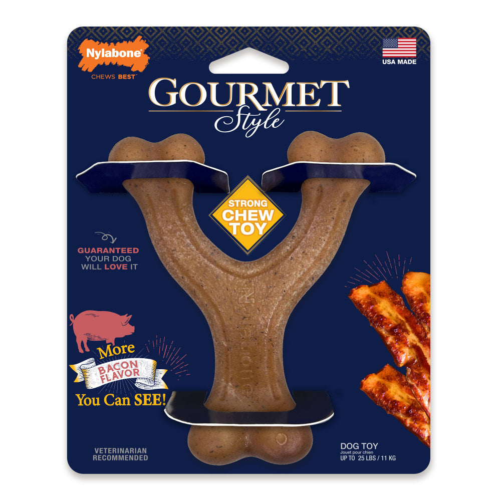 Packaging of Nylabone Gourmet Style Bacon Flavour Strong Wishbone Dog Chew Toy, showing the toy and bacon pieces, with product details and branding.
