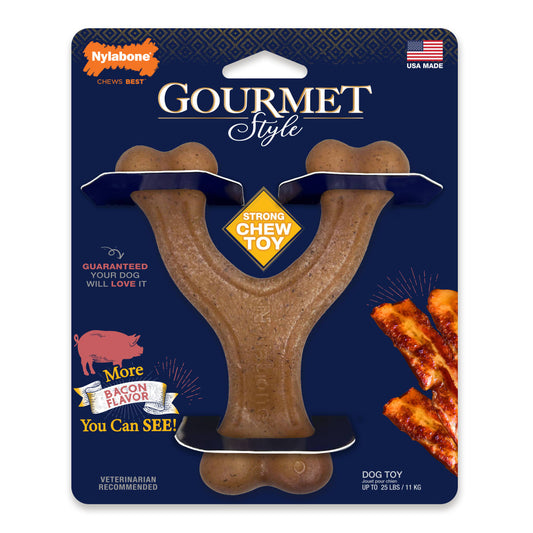 Packaging of Nylabone Gourmet Style Bacon Flavour Strong Wishbone Dog Chew Toy, showing the toy and bacon pieces, with product details and branding.