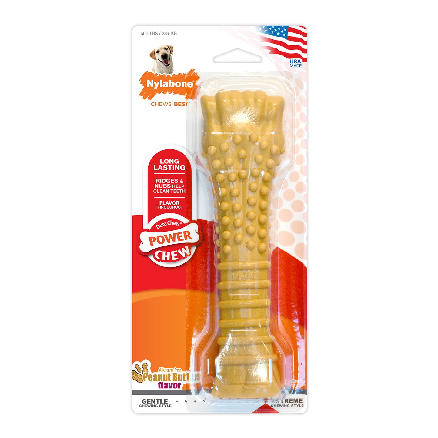 Dog chew toy with packaging featuring Nylabone branding on a white background