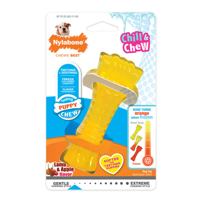 Packaged Nylabone Puppy Chill & Chew Bone  in yellow color, with color-changing technology, lamb and apple flavor, for teething puppies.