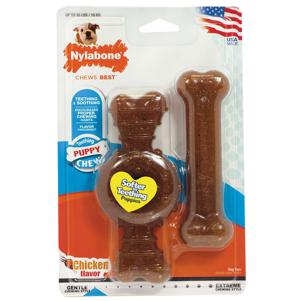 Nylabone dog chew toy packaging with a bone-shaped toy inside, featuring Nylabone branding.