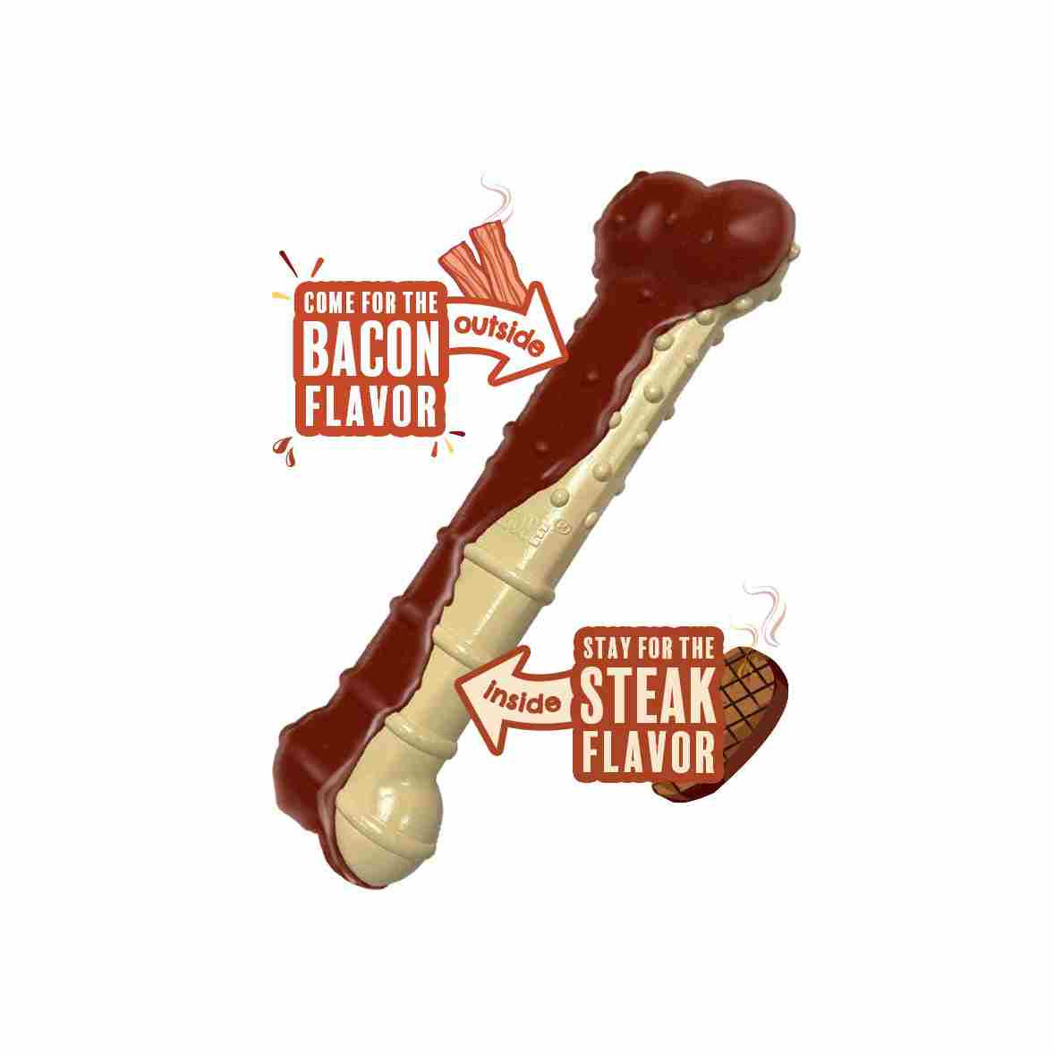 A dual flavoured nylon dog chew toy with bacon and steak flavors, designed for power chewers.