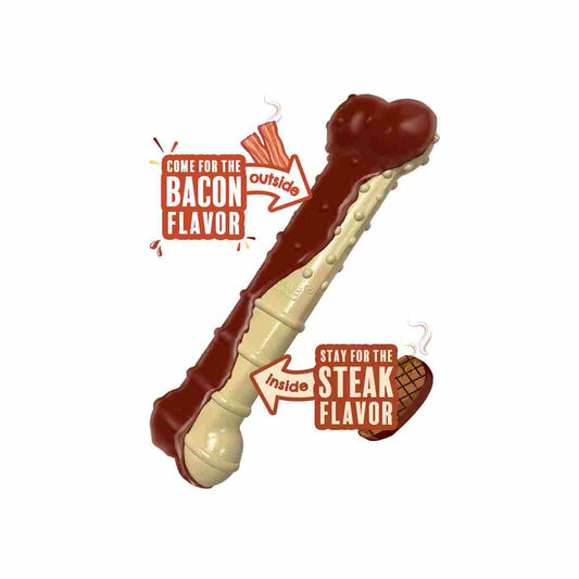A dual flavoured nylon dog chew toy with bacon and steak flavors, designed for power chewers.