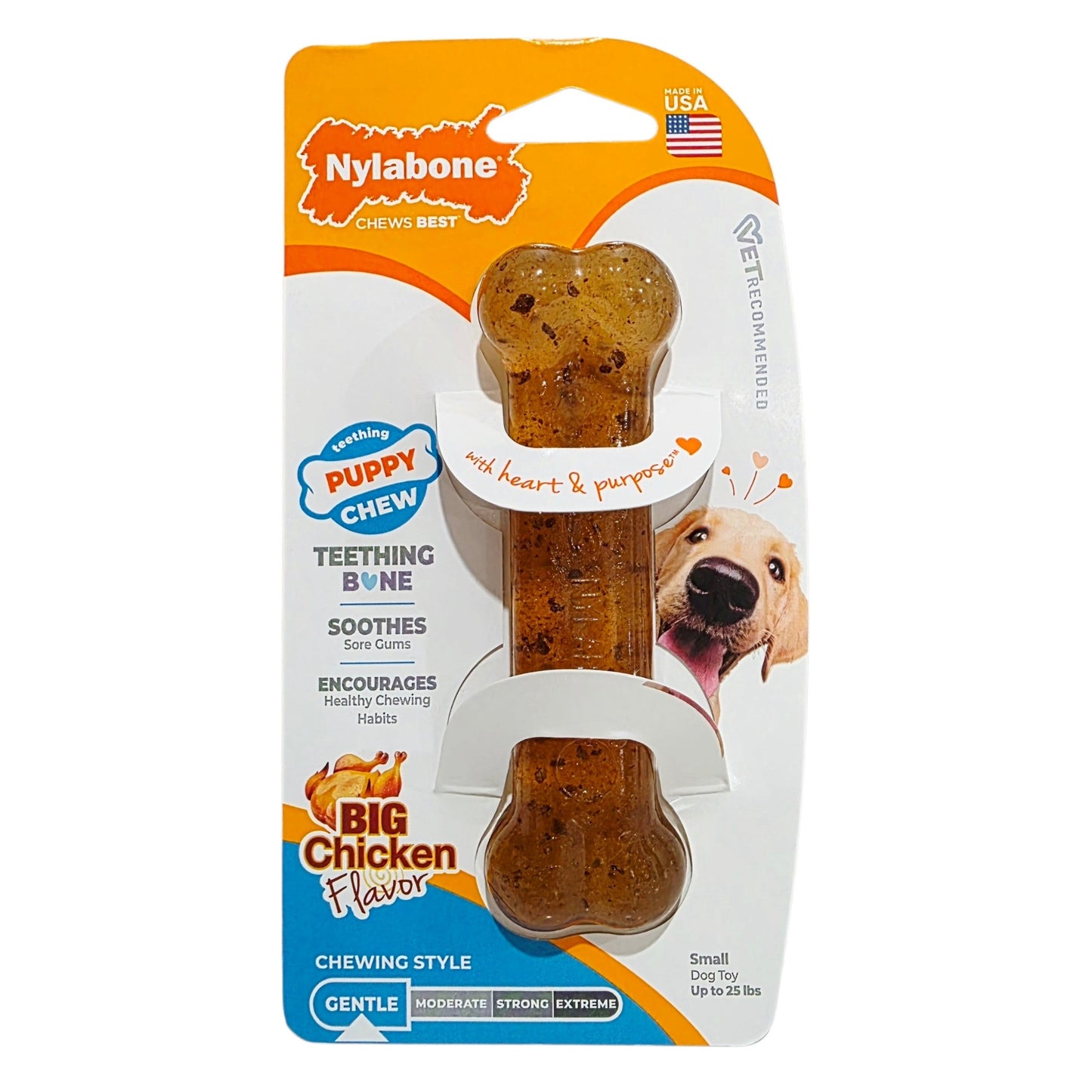 Nylabone puppy chew teething bone in packaging with Nylabone branding.