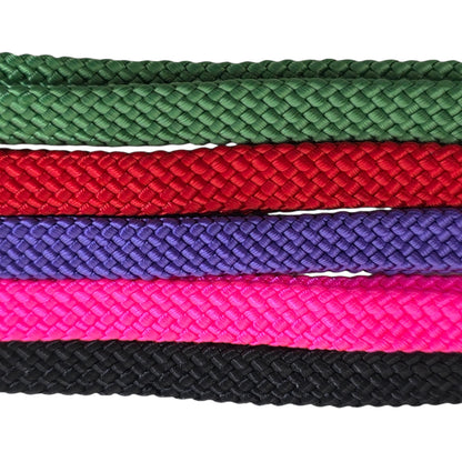 Five nylon leads in green, red, blue, pink, and black on a white background