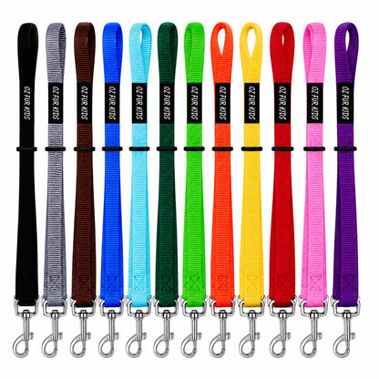 Set of 12 Oz Fur Kids Puppy Leads in solid colours on a white background
