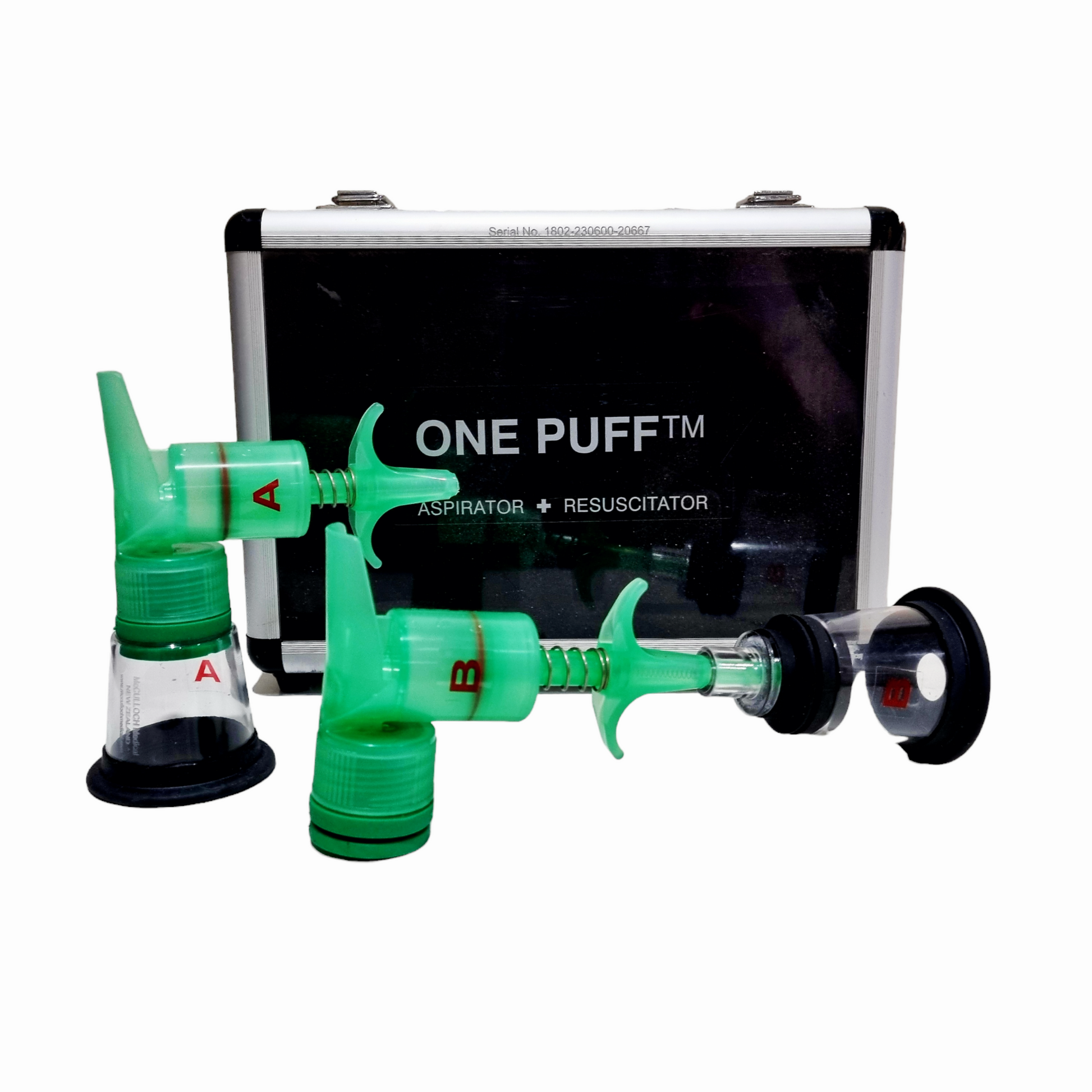 One Puff Puppy & Kitten Aspirator & Resuscitator with a case with  'ONE PUFF' branding on a white background