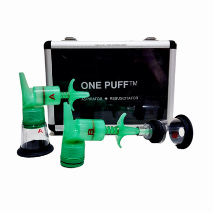One Puff Puppy & Kitten Aspirator & Resuscitator with a case with  'ONE PUFF' branding on a white background