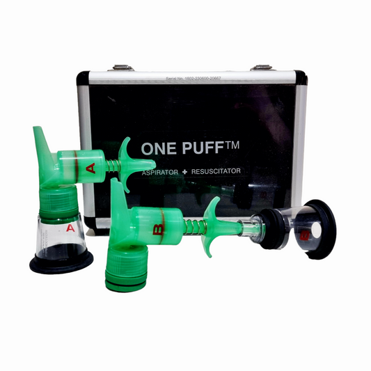 One Puff Puppy & Kitten Aspirator & Resuscitator with a case with  'ONE PUFF' branding on a white background