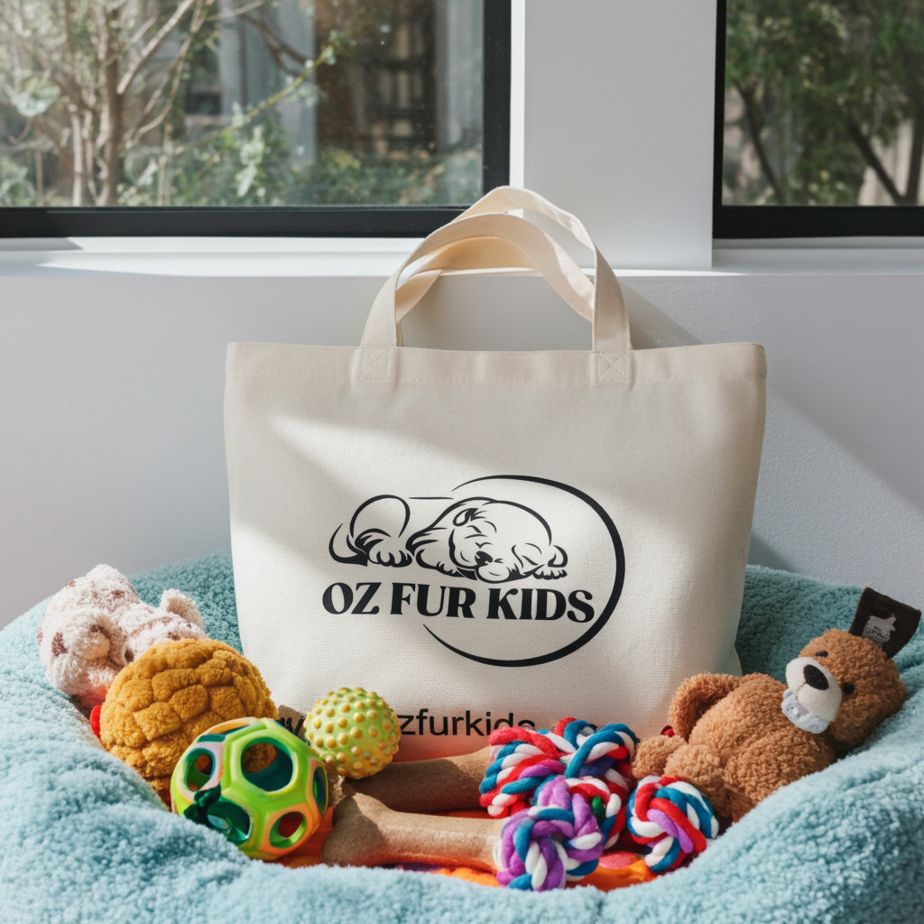 Tote bag with 'OZ FUR KIDS' branding surrounded by pet toys on a blue blanket.