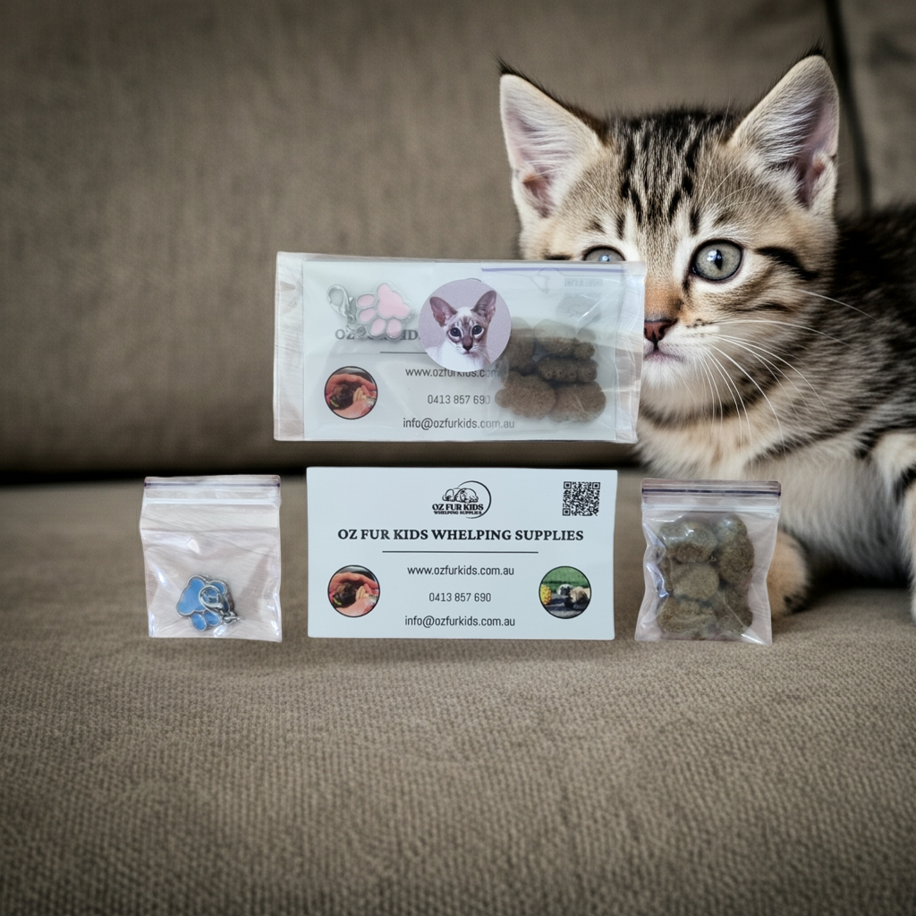 Kitten next to an Oz Fur Kids Kitten gift pack on a couch