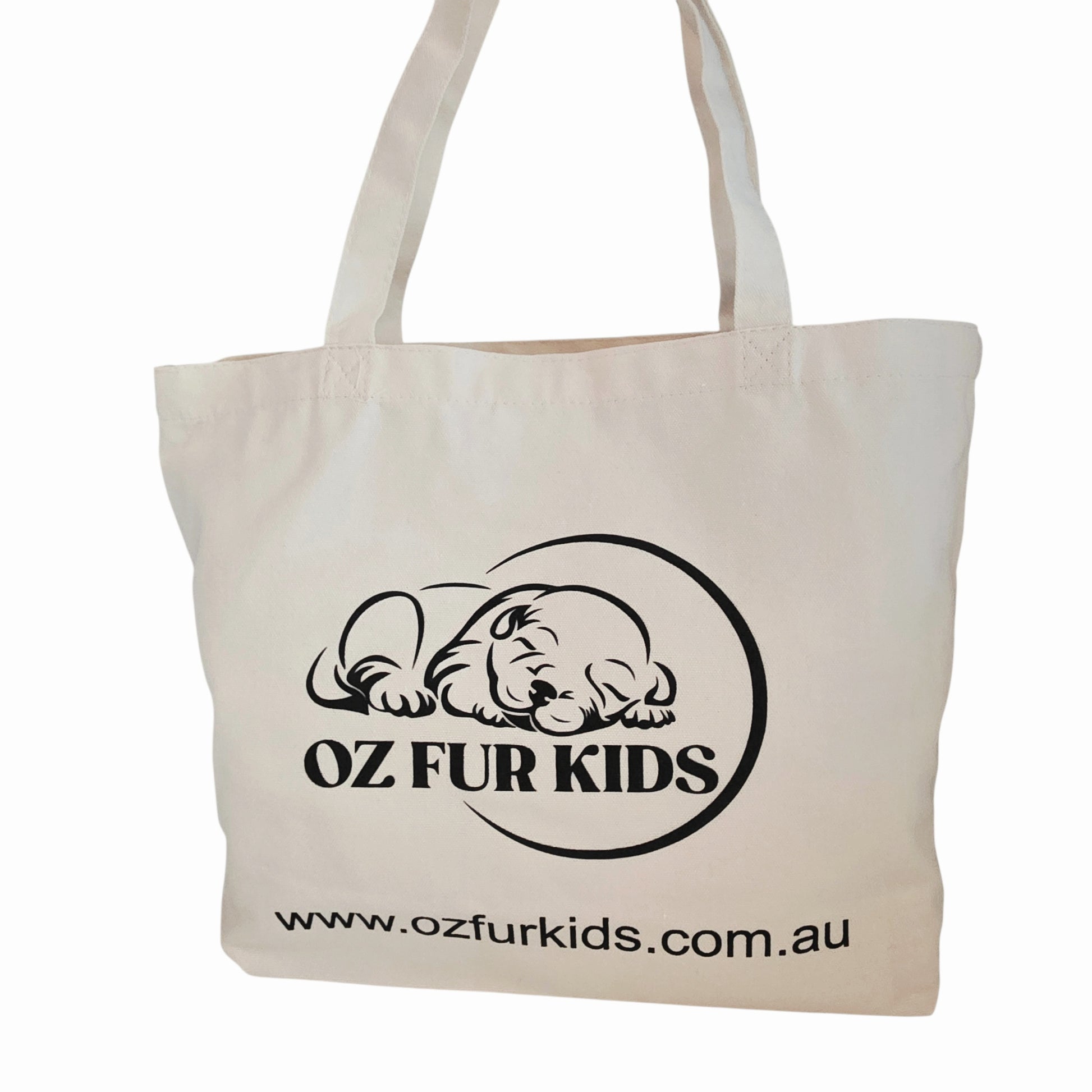 Beige tote bag with 'OZ FUR KIDS' logo and website on a white background