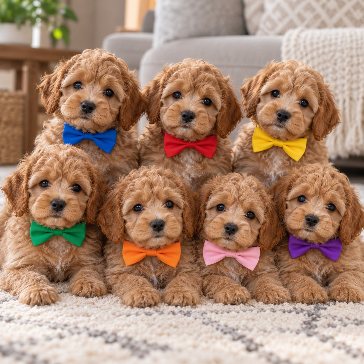 Six fluffy brown puppy dogs sitting together on a light rug, each wearing a different bright bow tie in blue, red, yellow, green, orange, pink, and purple.