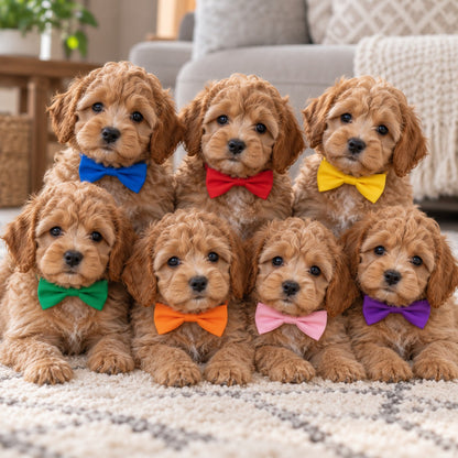 Six fluffy brown puppy dogs sitting together on a light rug, each wearing a different bright bow tie in blue, red, yellow, green, orange, pink, and purple.