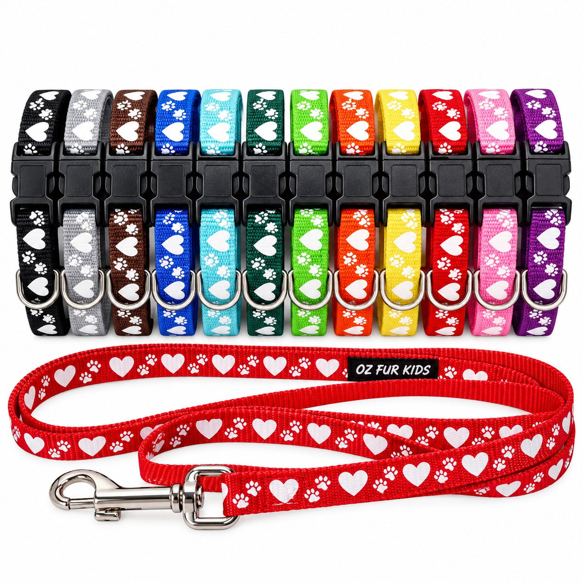 A collection of Oz Fur Kids colorful puppy ID collars with hearts and paw print patterns, accompanied by matching leads. 