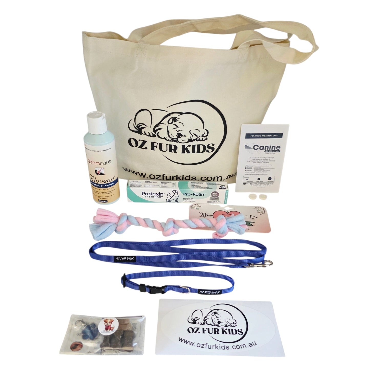 Oz Fur Kids Puppy Pack Health Large Blue including a tote bag, leash, and pet care items on a white background.