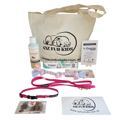 Oz Fur Kids Puppy Pack Health Large Pink set including a tote bag, leash, and treats with 'OZ Fur Kids' branding on a white background.