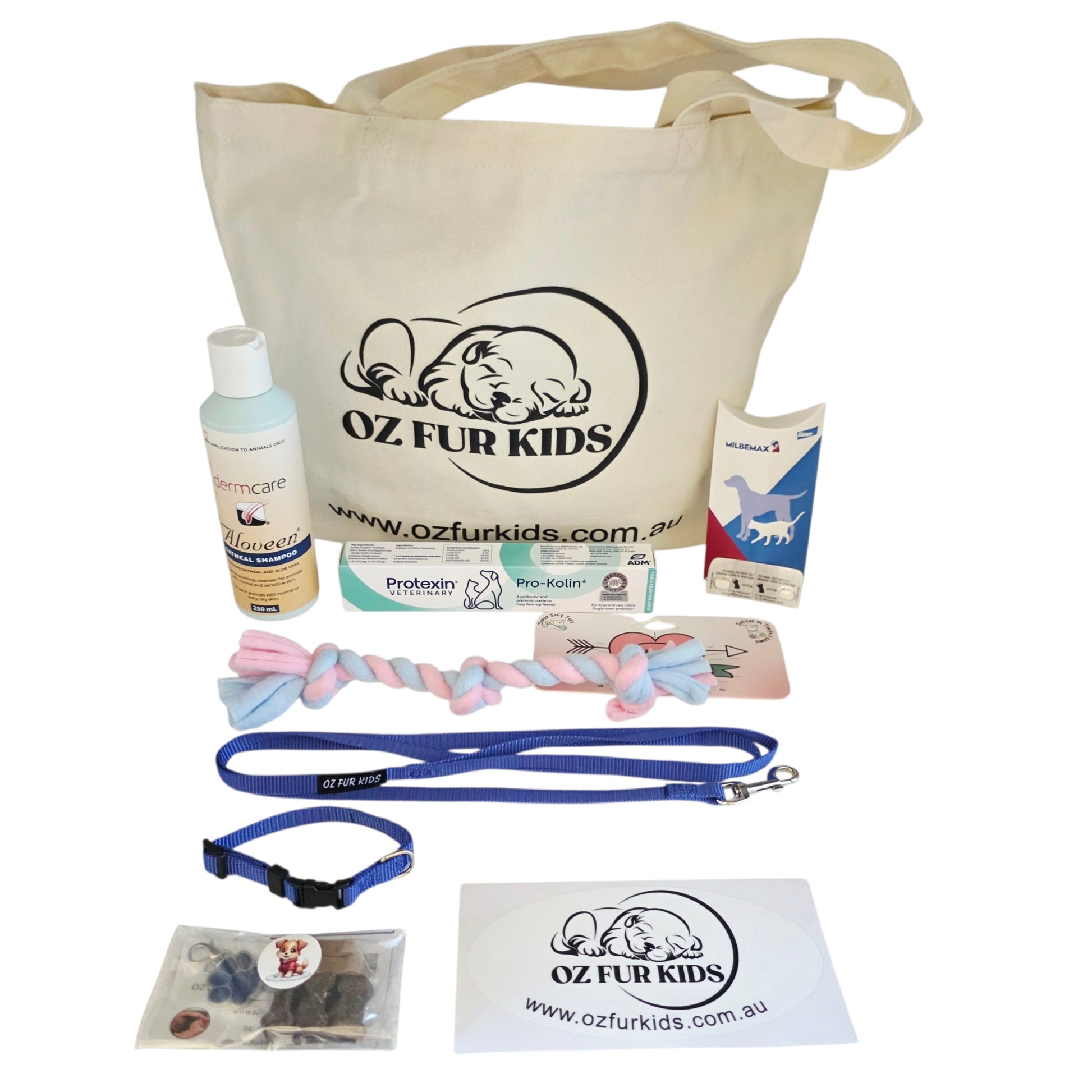 Oz Fur Kids Puppy Pack Health Small/Med Blue including a tote bag, leash, collar, and other items on a white background.