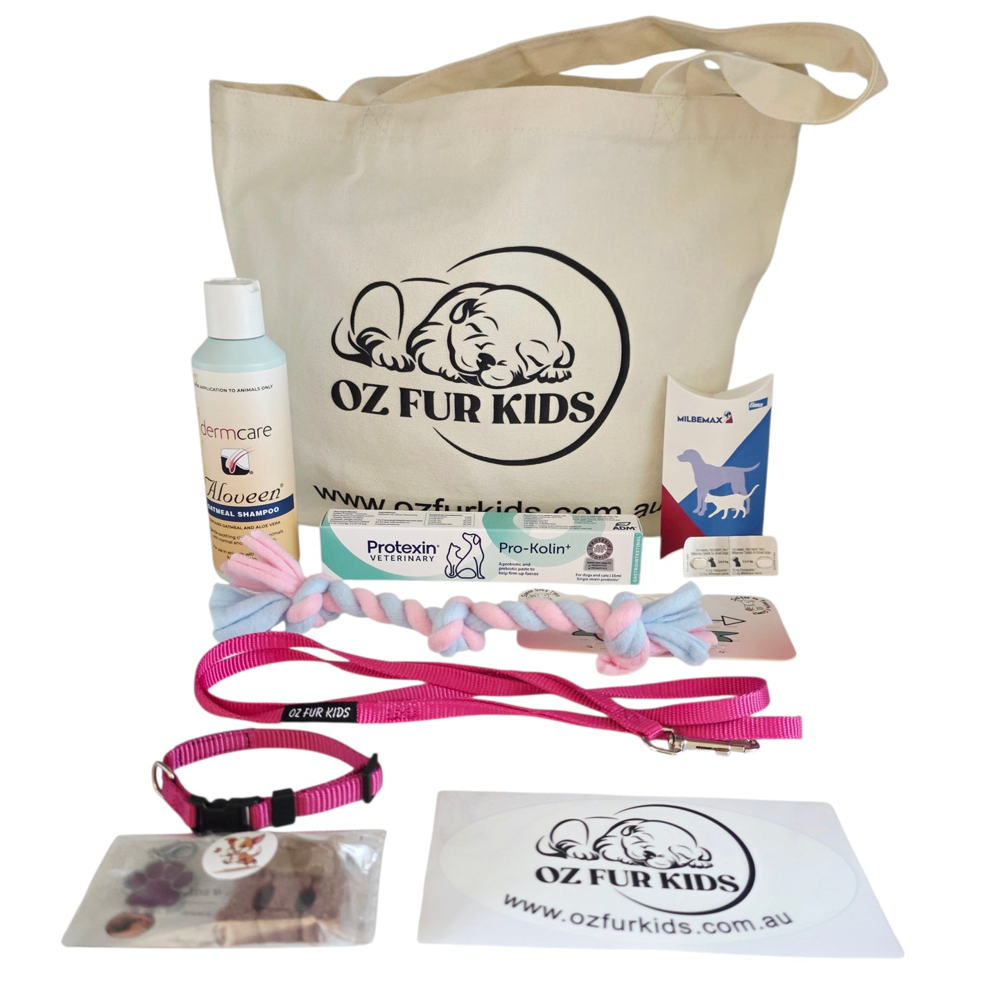 Oz Fur Kids Puppy Pack Health Small/Med Pink including a tote bag, leash, collar, and pet care items on a white background.