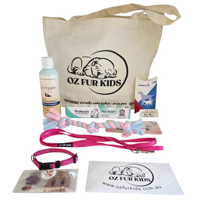 Oz Fur Kids Puppy Pack Health Small/Med Pink including a tote bag, leash, collar, and pet care items on a white background.