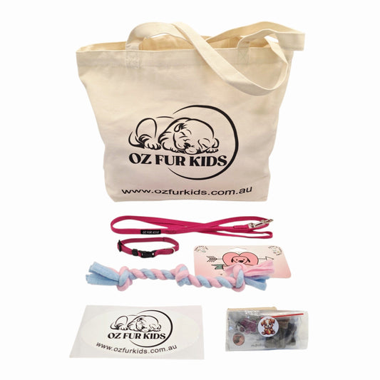 Tote bag with 'OZ Fur Kids' branding, dog leash, chew toy, and business card on a white background