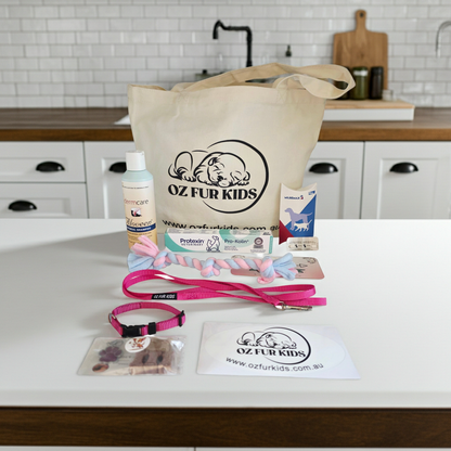 Oz Fur Kids Puppy Pack products set on a kitchen counter with an Oz Fur Kids tote bag.