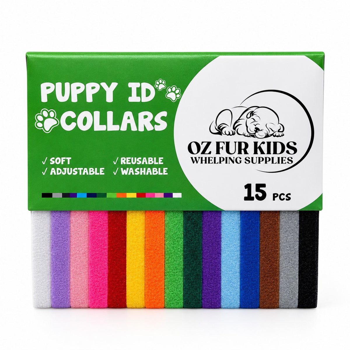 A bag of 15 colorful reusable puppy ID collars by Oz Fur Kids Whelping Supplies, showing a green and white label with a row of visible velcro collars in multiple colors below.