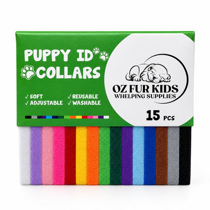 A bag of 15 colorful reusable puppy ID collars by Oz Fur Kids Whelping Supplies, showing a green and white label with a row of visible velcro collars in multiple colors below.