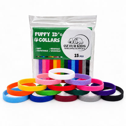 A 15-piece set of colorful Oz Fur Kids Velcro puppy Identification collars collars displayed in front of their retail packaging. The packaging is a clear plastic bag with a green and white label reading 'PUPPY ID COLLARS' and 'OZ FUR KIDS Whelping Supplies'.
