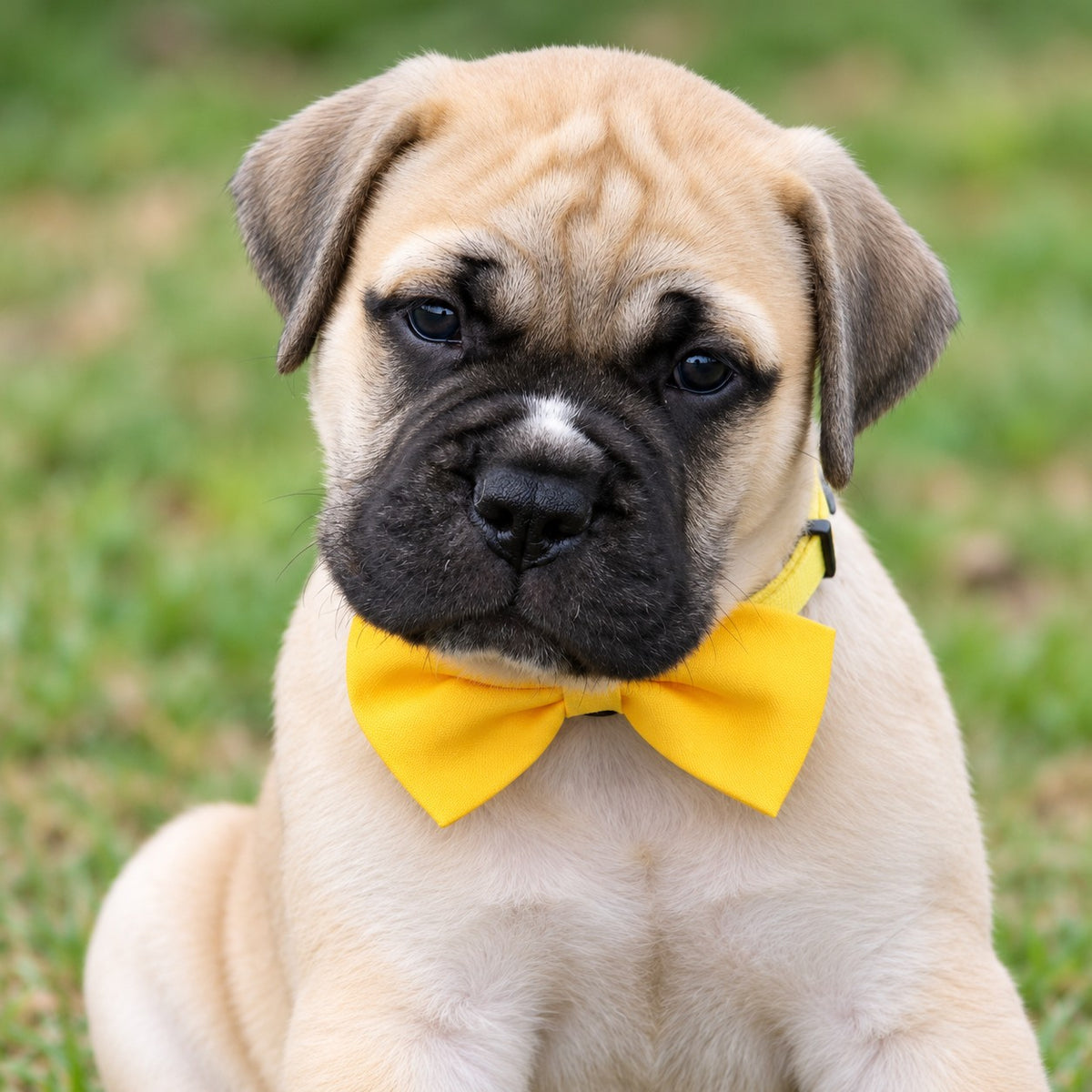 A close-up of a fawn and black puppy wearing a bright yellow Oz Fur Kids bow tie, sitting on a grassy lawn.