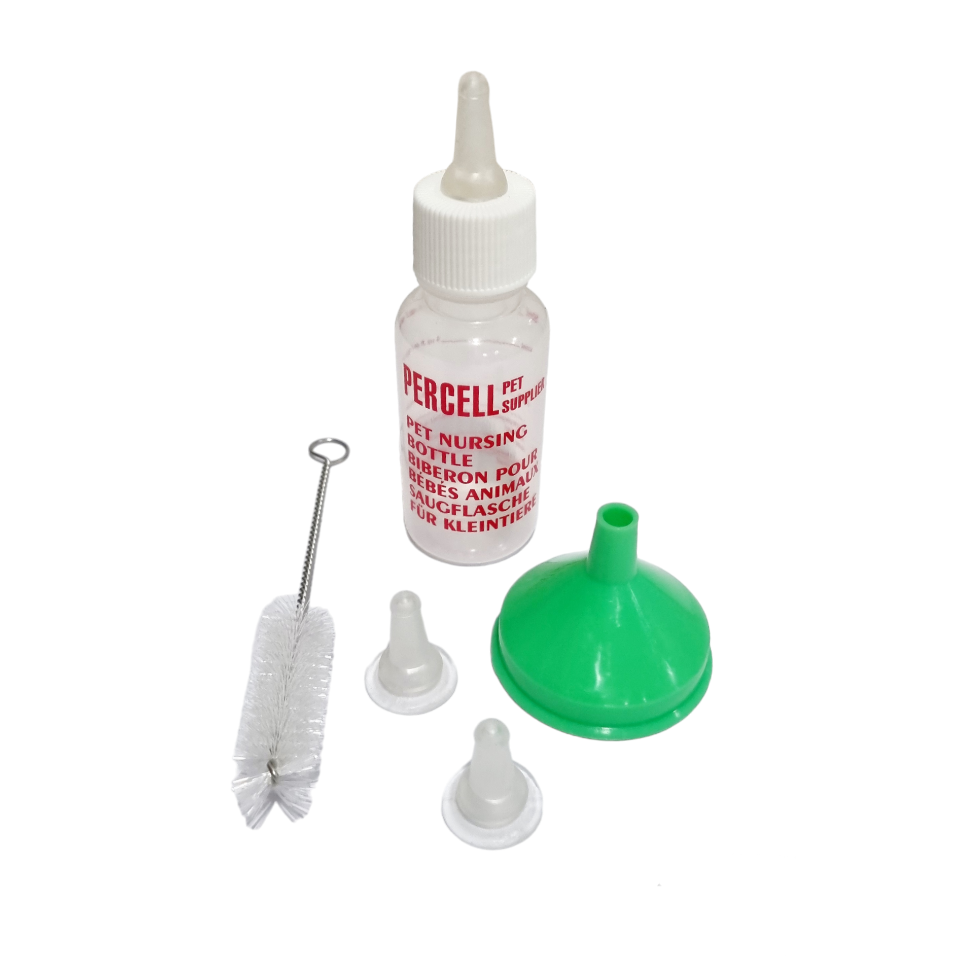 A Percell pet nursing bottle kit, including a 50ml bottle, three teats, a bottle brush, and a funnel. 