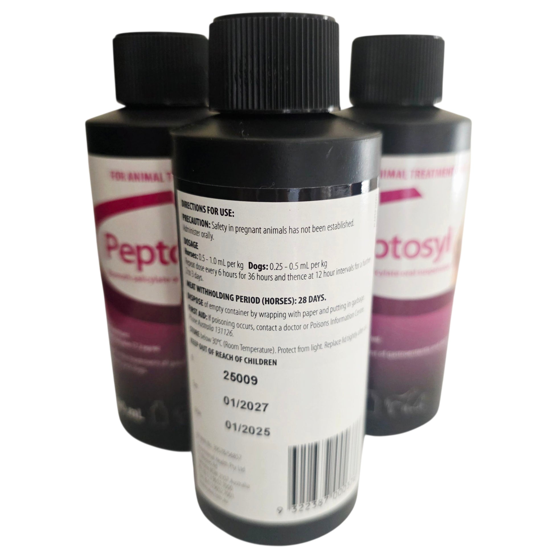 Three Peptosyl bottles with labels on a white background