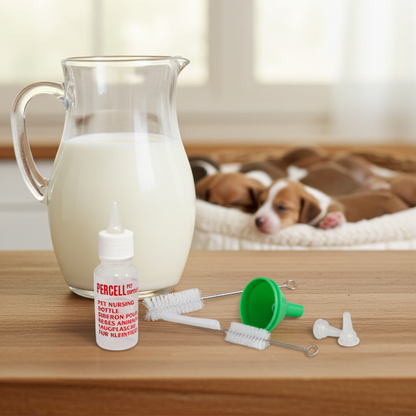 Percell bottle, cleaning brush, and other items on a table with puppies in the background