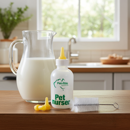 Pet nurse bottle with accessories on a kitchen counter