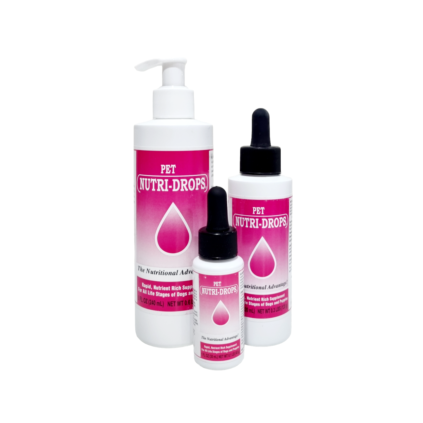 Three bottles of Pet Nutri-Drops on a white background