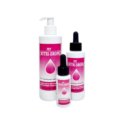 Three bottles of Pet Nutri-Drops on a white background