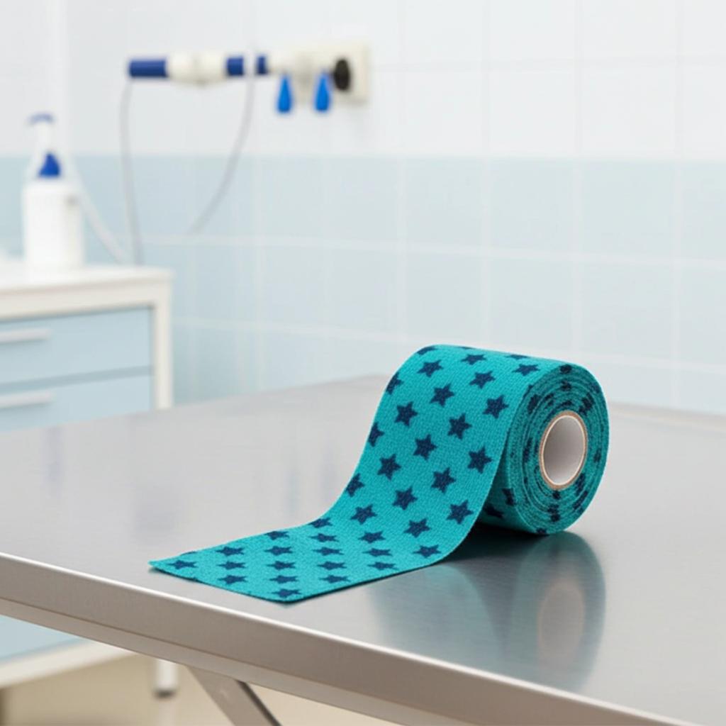 Petflex Patterned Cohesive Bandage with star pattern on a metallic surface, blurred medical background