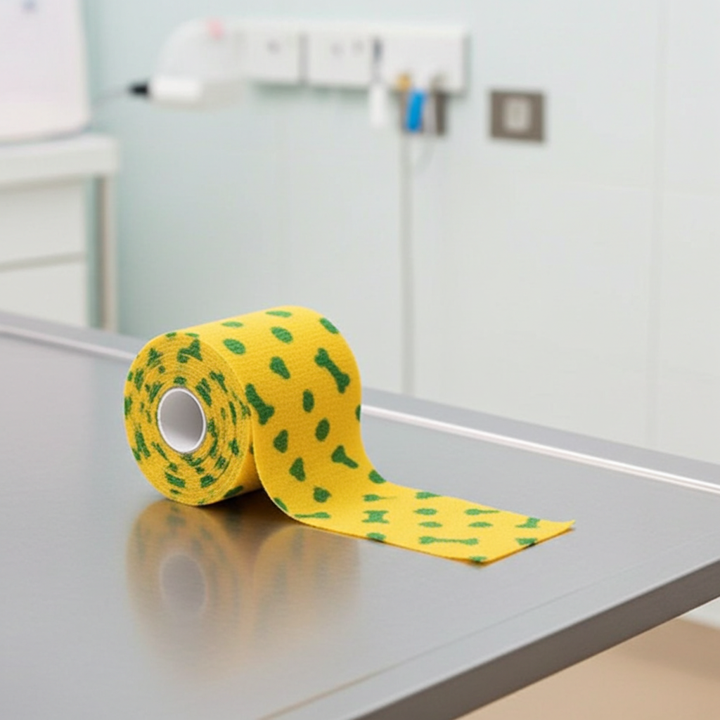 Roll of yellow Petflex Patterned Cohesive Bandage with green patterns on a metallic surface