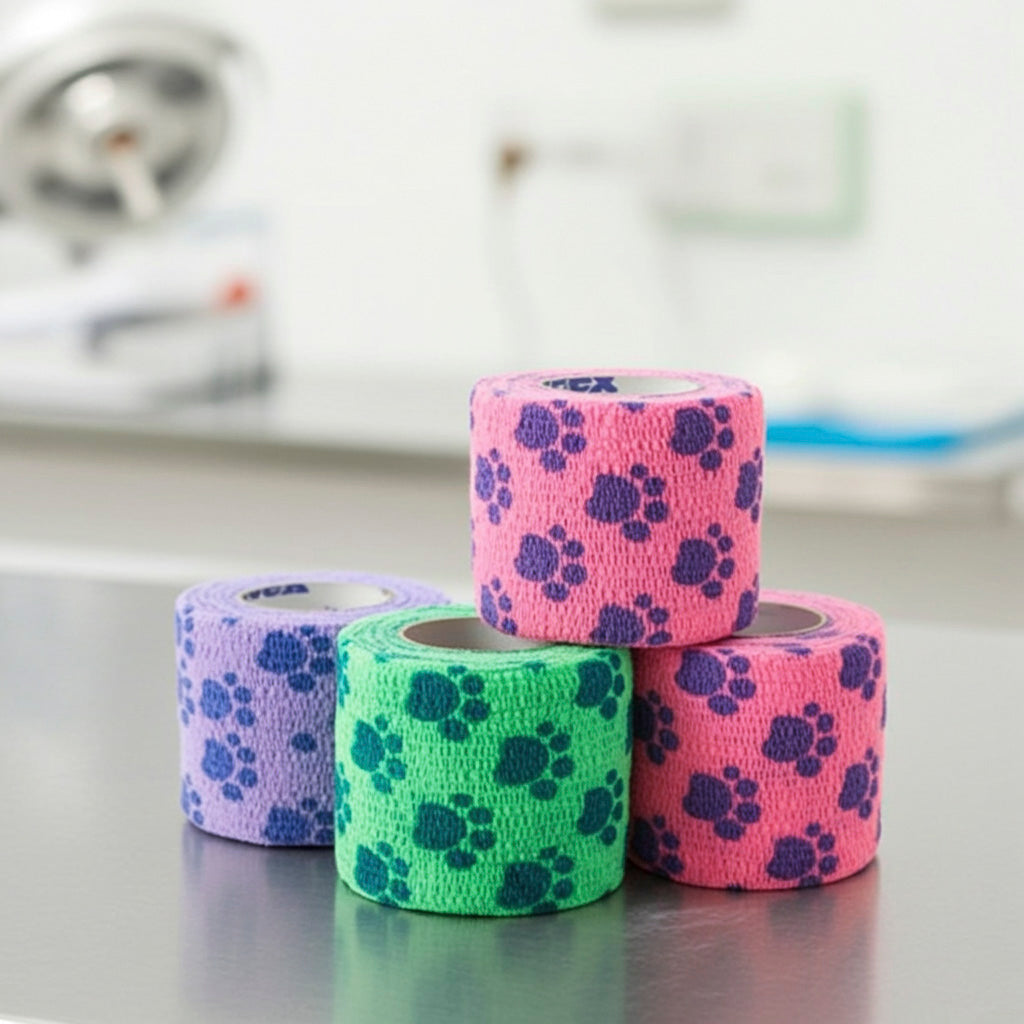 Four rolls of Petfex Paw Cohesive bandage stacked on a reflective metal surface in a blurred clinical setting.