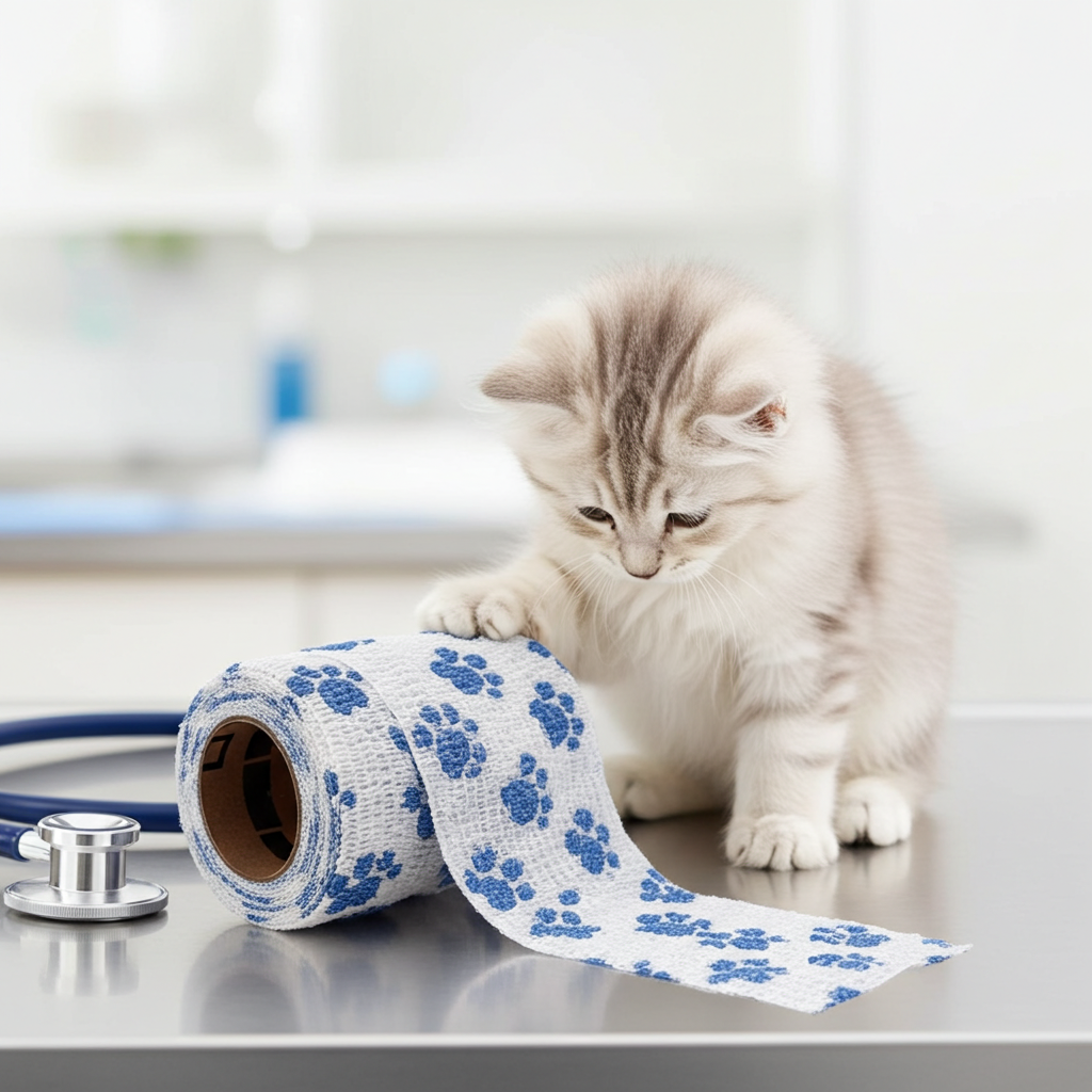A fluffy cream-colored kitten stands on a shiny metal table next to a roll of Petfex Paw Cohesive bandage printed with blue paw prints. A stethoscope rests on the table, and the background is a softly blurred veterinary clinic setting.