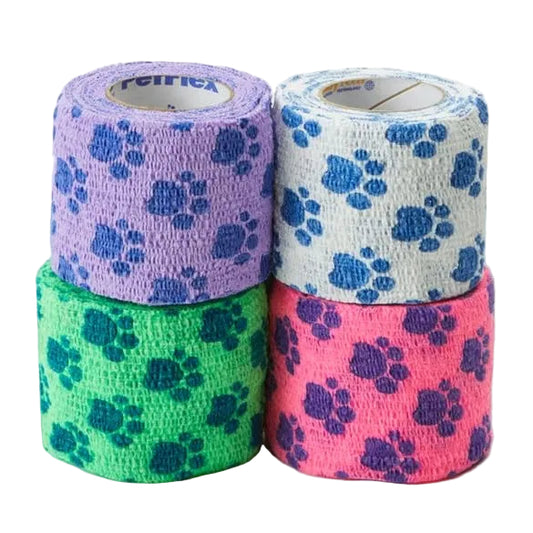 Four rolls of Petflex Cohesive bandage with paw print patterns, on a white background.