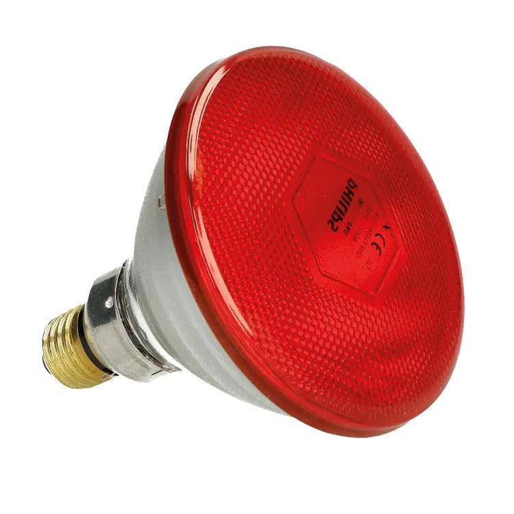 Red light bulb with Philips logo on a white background