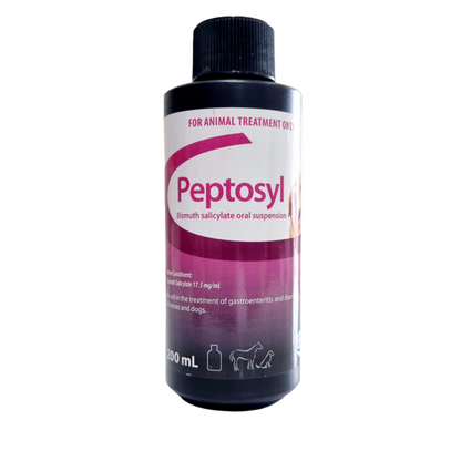 A bottle of Peptosyl liquid medication for animals, with dosage information and branding visible.