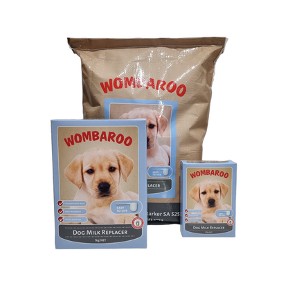 Wombaroo dog milk replacer 5kg Bag, 1kg Box and 215g Box on a white background